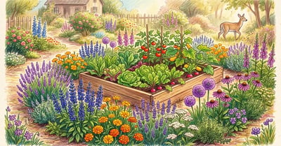 A garden protected by a fragrant border of deer-resistant lavender, salvia, marigolds, and alliums around a vegetable bed, with a deer turning away in the background