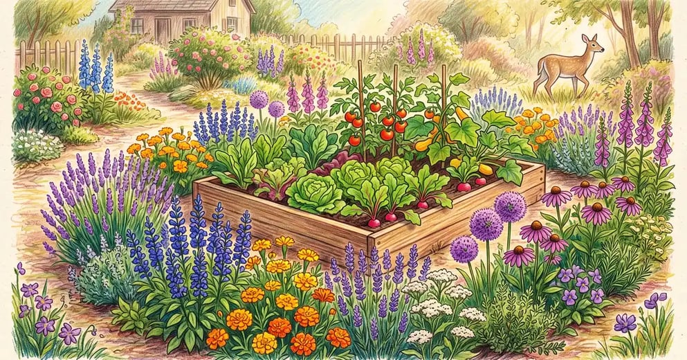 A garden protected by a fragrant border of deer-resistant lavender, salvia, marigolds, and alliums around a vegetable bed, with a deer turning away in the background