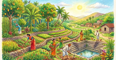 A vibrant Indian permaculture landscape with terraced fields, a food forest of banana and mango trees, and a traditional stepwell, with farmers tending diverse crops