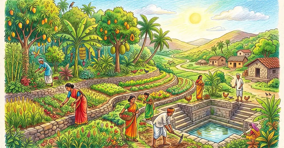 A vibrant Indian permaculture landscape with terraced fields, a food forest of banana and mango trees, and a traditional stepwell, with farmers tending diverse crops