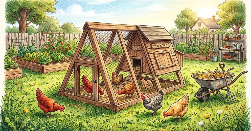 Pencil-crayon illustration of a wooden A-frame chicken tractor on green backyard pasture with red and brown hens foraging beside a vegetable garden