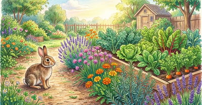 Pencil-crayon illustration of a cottontail rabbit at the edge of a vegetable garden ringed with lavender, chives, marigolds, and rosemary