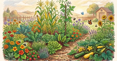 Pencil-crayon illustration of a lush, diverse polyculture garden bed with corn, beans, squash, greens, herbs, and flowers growing together