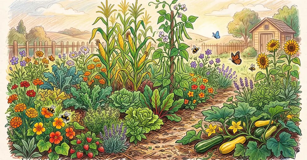Pencil-crayon illustration of a lush, diverse polyculture garden bed with corn, beans, squash, greens, herbs, and flowers growing together