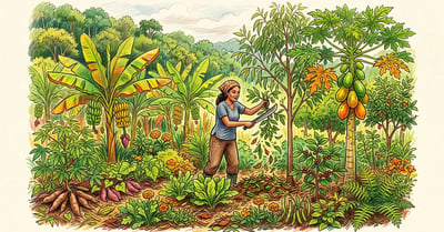 Pencil-crayon illustration of a dense, layered syntropic agroforestry system with banana, papaya, timber trees, and a farmer pruning with a machete