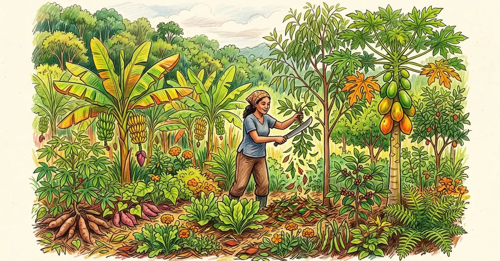 Pencil-crayon illustration of a dense, layered syntropic agroforestry system with banana, papaya, timber trees, and a farmer pruning with a machete
