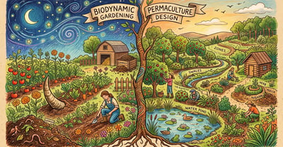 Pencil-crayon split illustration comparing a biodynamic garden with cow horn and moon versus a permaculture garden with design zones and food forest