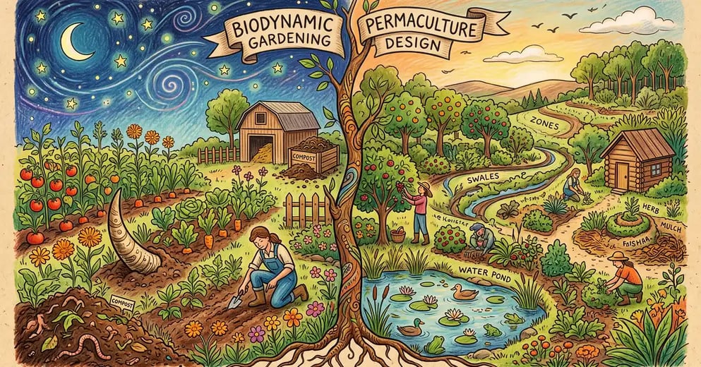 Pencil-crayon split illustration comparing a biodynamic garden with cow horn and moon versus a permaculture garden with design zones and food forest