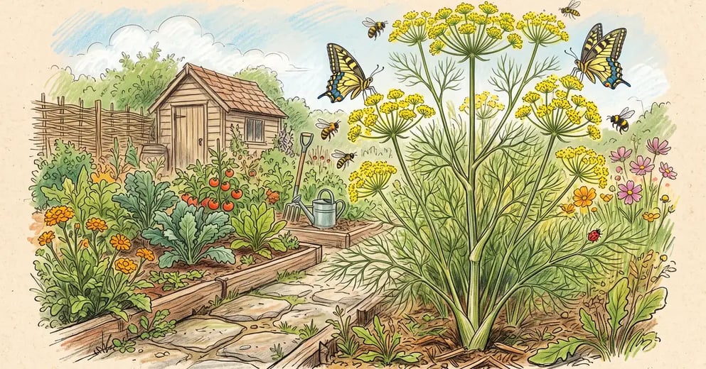 Pencil-crayon illustration of a tall feathery fennel plant with yellow flowers growing alone in a garden corner with swallowtail butterflies around it