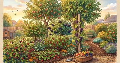 Mature layered backyard food forest in late summer with apple and chestnut canopy, berry shrubs and an overflowing harvest basket