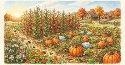 Autumn homestead pumpkin patch with orange field pumpkins, blue Hubbard squash, corn stalks and a flowering buckwheat border
