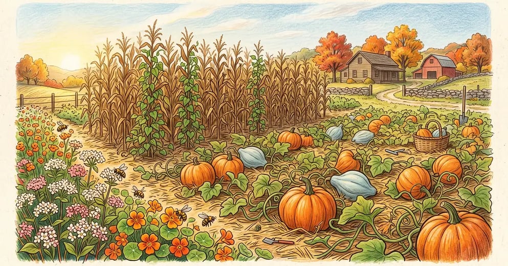 Autumn homestead pumpkin patch with orange field pumpkins, blue Hubbard squash, corn stalks and a flowering buckwheat border