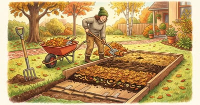 Gardener building a sheet composted bed on a lawn showing layers of cardboard, kitchen scraps, fallen leaves, manure and straw