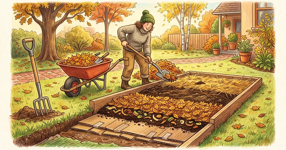 Gardener building a sheet composted bed on a lawn showing layers of cardboard, kitchen scraps, fallen leaves, manure and straw