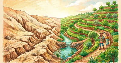 Split landscape showing an eroded bare hillside on the left transformed into contour terraces with trees and a check dam on the right