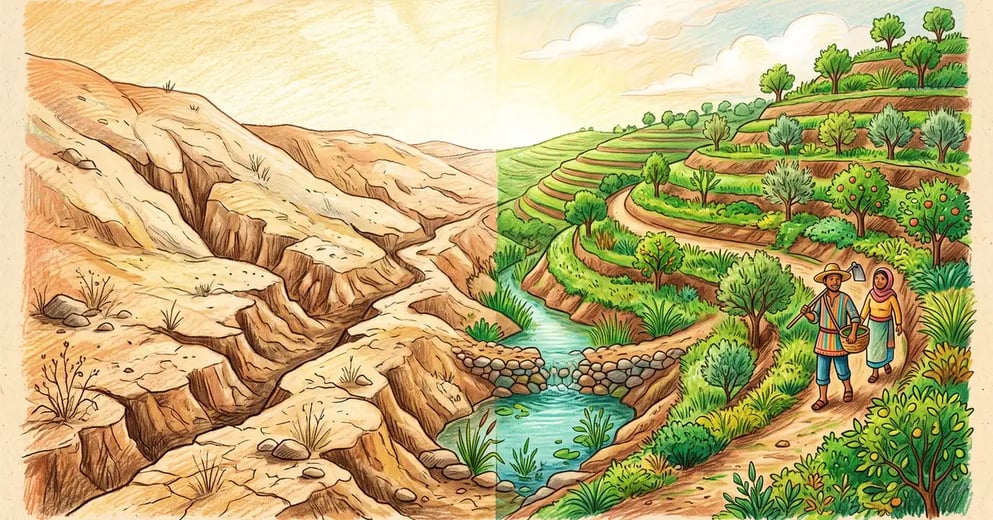 Split landscape showing an eroded bare hillside on the left transformed into contour terraces with trees and a check dam on the right
