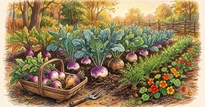 Autumn vegetable bed with purple-topped turnips and rutabaga crowns pushing out of dark soil beneath blue-green brassica leaves