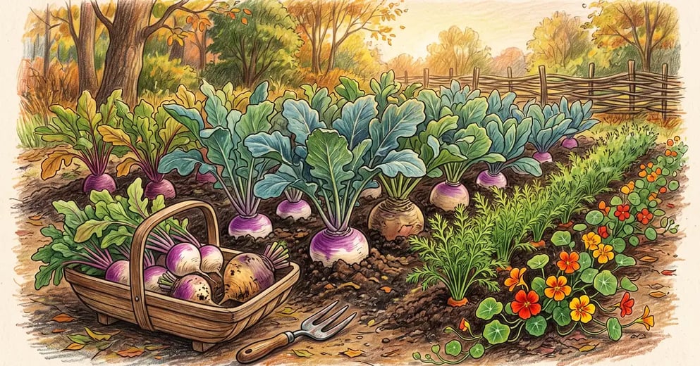 Autumn vegetable bed with purple-topped turnips and rutabaga crowns pushing out of dark soil beneath blue-green brassica leaves