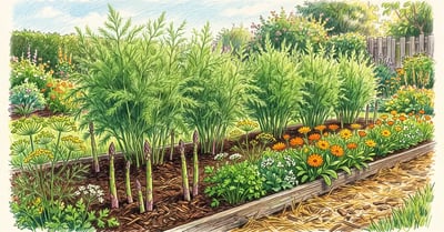 Mature permanent asparagus bed with tall feathery ferns in rows and a border of flowering parsley, dill and calendula