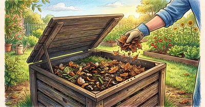 Gardener adding dry brown autumn leaves to a wet backyard compost bin to fix a smelly pile