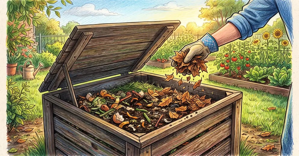 Gardener adding dry brown autumn leaves to a wet backyard compost bin to fix a smelly pile
