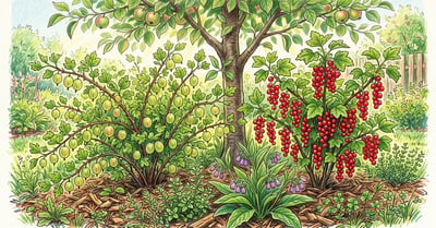 Gooseberry and red currant bushes fruiting in dappled shade beneath an apple tree in a backyard food forest