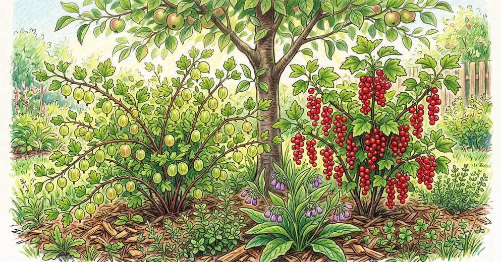 Gooseberry and red currant bushes fruiting in dappled shade beneath an apple tree in a backyard food forest