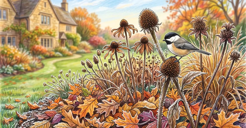 Autumn garden bed left uncleaned with standing coneflower seedheads, hollow stems and a drift of fallen oak and maple leaves