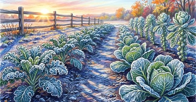 First light frost silvering kale, collards and Brussels sprouts in a fall vegetable garden at sunrise