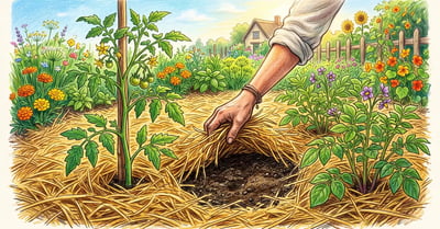 Vegetable bed under thick golden hay mulch with tomato and potato plants growing through it and a hand pulling the mulch back