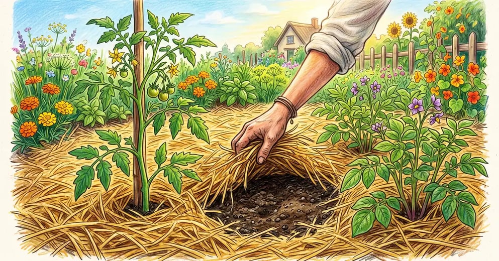 Vegetable bed under thick golden hay mulch with tomato and potato plants growing through it and a hand pulling the mulch back