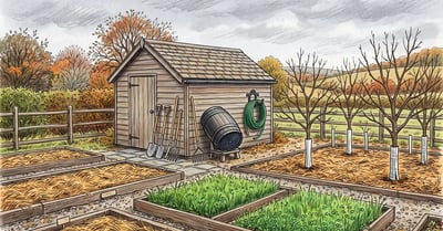 Late autumn vegetable garden prepared for winter with mulched beds, cover crop, drained hose, trunk guards and stored tools