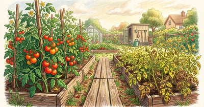 Backyard vegetable garden split between a healthy raised bed of staked tomatoes and a struggling bed of blighted potato plants