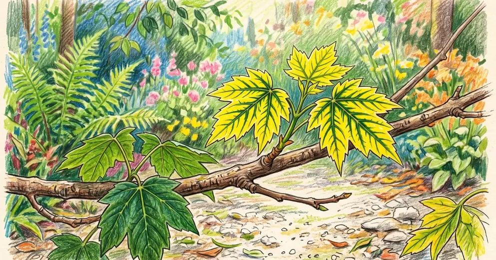 Maple branch with bright yellow new leaves showing sharply contrasting dark green veins, the classic signature of iron chlorosis