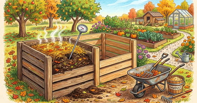 Two wooden slatted compost bays on a homestead, one holding a steaming straw-capped pile with a compost thermometer in place