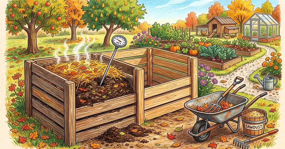 Two wooden slatted compost bays on a homestead, one holding a steaming straw-capped pile with a compost thermometer in place