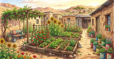 Thriving small garden in a dry dusty settlement with raised beds, tomato trellises, herbs in repurposed tins and a shading grapevine pergola