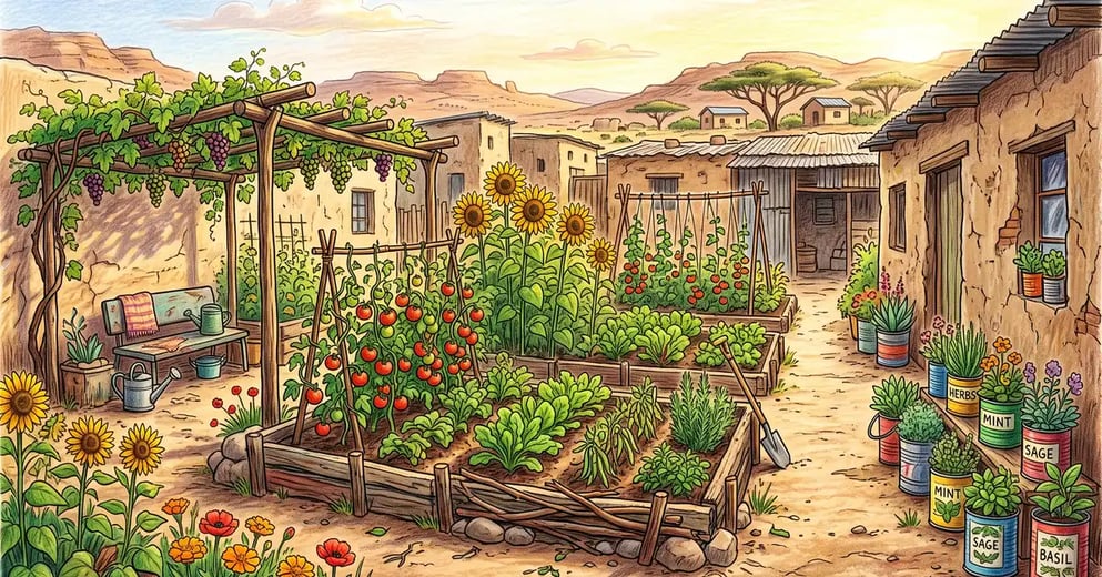 Thriving small garden in a dry dusty settlement with raised beds, tomato trellises, herbs in repurposed tins and a shading grapevine pergola