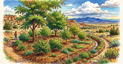 Young high desert food forest with honey locust and mulberry over apple and apricot saplings, contour swales and a juniper mesa beyond