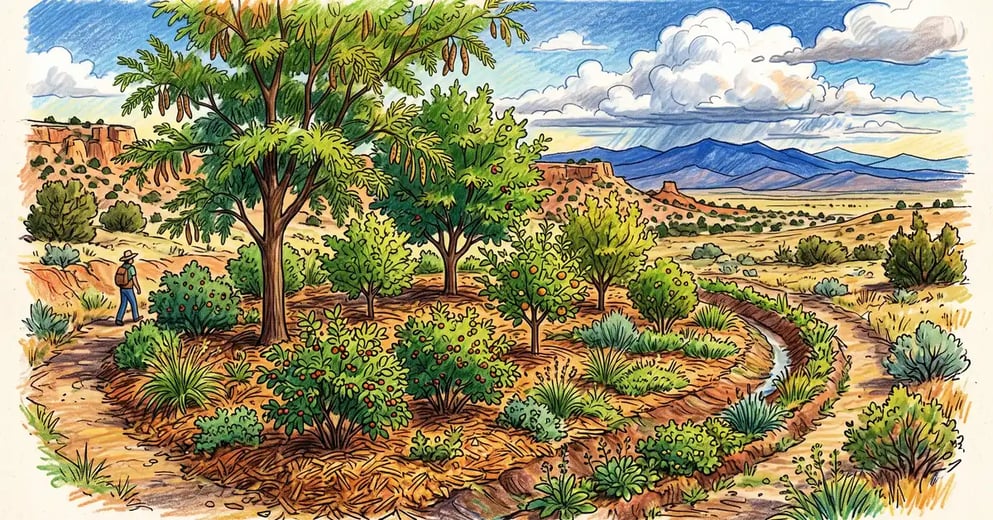Young high desert food forest with honey locust and mulberry over apple and apricot saplings, contour swales and a juniper mesa beyond