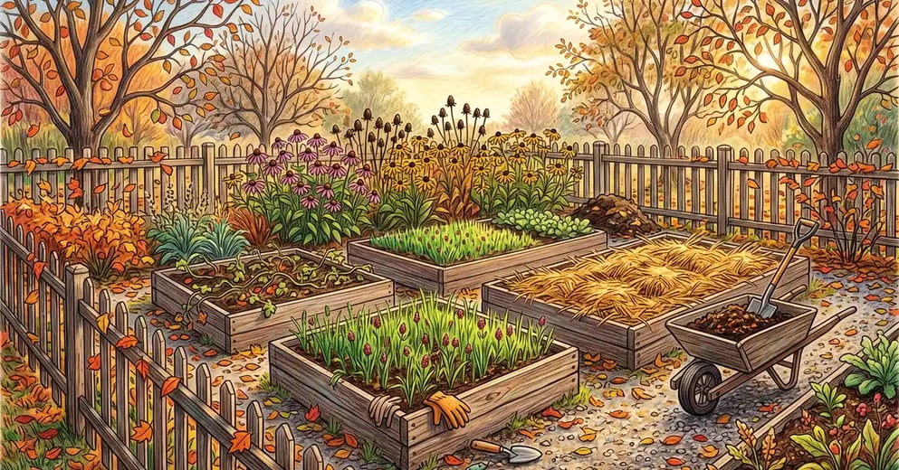 Early autumn backyard garden with cover crops sprouting in cleared raised beds, straw mulch, standing seed heads and drifted fallen leaves