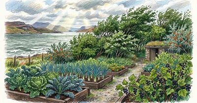 Sheltered Scottish coastal kitchen garden with raised beds of kale and blackcurrants behind a mixed alder and sea buckthorn shelterbelt