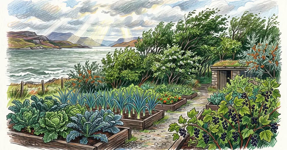 Sheltered Scottish coastal kitchen garden with raised beds of kale and blackcurrants behind a mixed alder and sea buckthorn shelterbelt