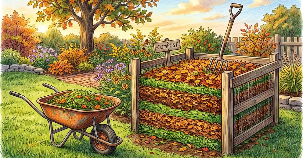 Backyard compost bay layered with green grass clippings and brown shredded autumn leaves, garden fork standing in the heap