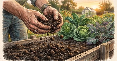 Gardener's hands crumbling dark loam soil into rounded crumbs over a raised vegetable bed with autumn brassicas behind