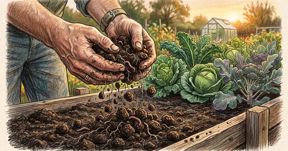 Gardener's hands crumbling dark loam soil into rounded crumbs over a raised vegetable bed with autumn brassicas behind