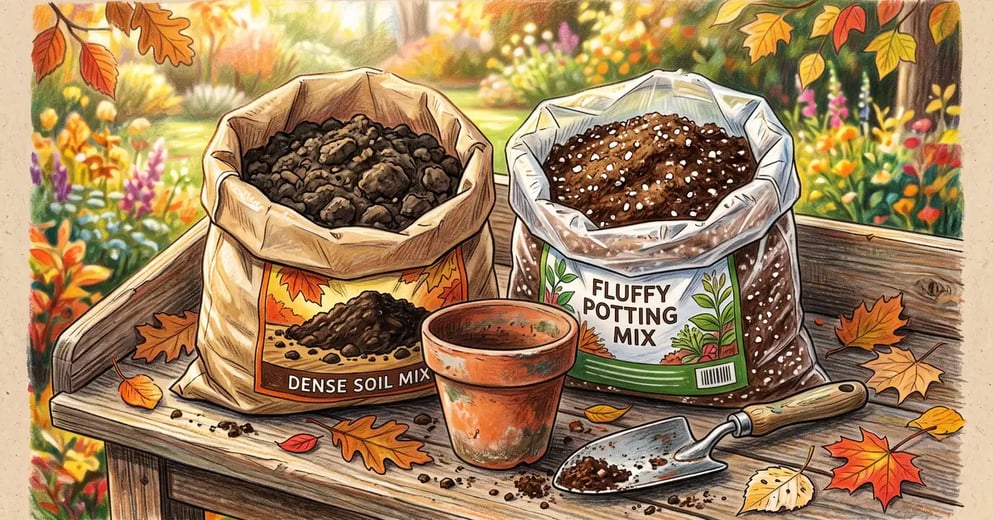 Two open bags on a potting bench, one of dense dark garden soil and one of light fluffy potting mix flecked with perlite