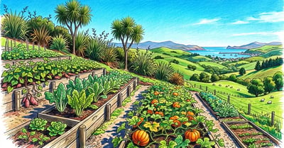 Terraced New Zealand smallholding garden of kumara and greens sheltered by flax and cabbage trees above a distant harbour