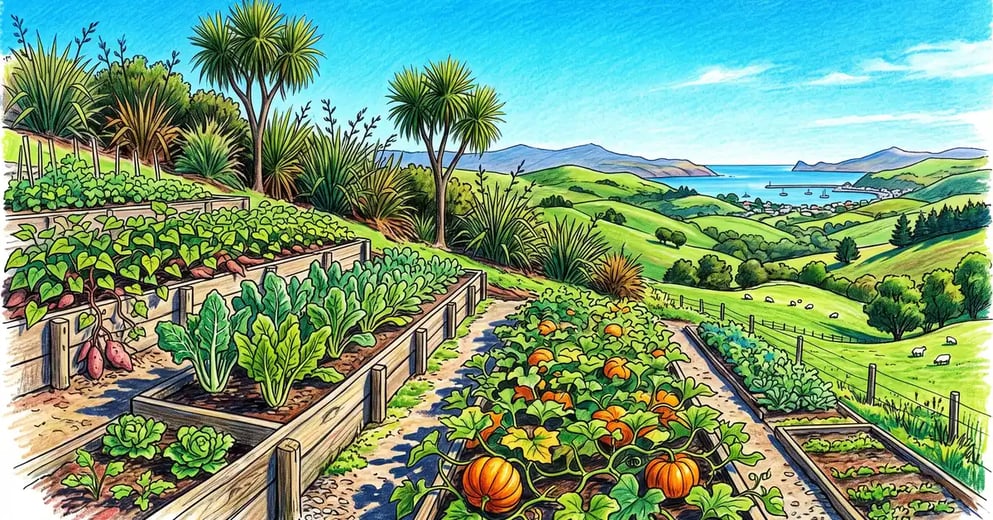 Terraced New Zealand smallholding garden of kumara and greens sheltered by flax and cabbage trees above a distant harbour