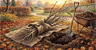 Bundle of dormant bare root fruit trees on damp burlap beside a freshly dug planting hole in a late autumn garden